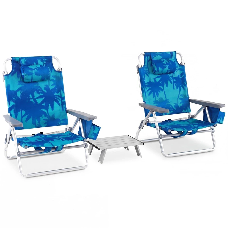 FANTASK Folding Beach Chair, Set of 2 with Table, Camping Chairs with 5-Way Adjustable Backrest, Folding Chair with Headrest, 2 Drink Holders, Storage Bag and Shoulder Straps (Coconut Palm) - Image 1