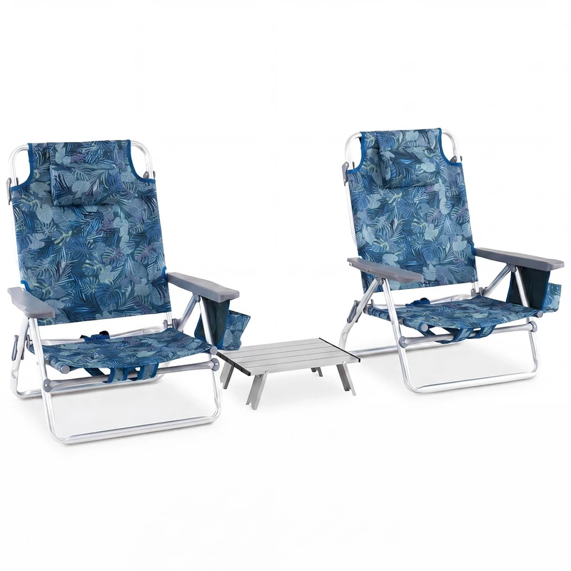 FANTASK Folding Beach Chair, Set of 2 with Table, Camping Chairs with 5-Way Adjustable Backrest, Folding Chair with Headrest, 2 Drink Holders, Storage Bag and Shoulder Straps (Navy) - Image 1