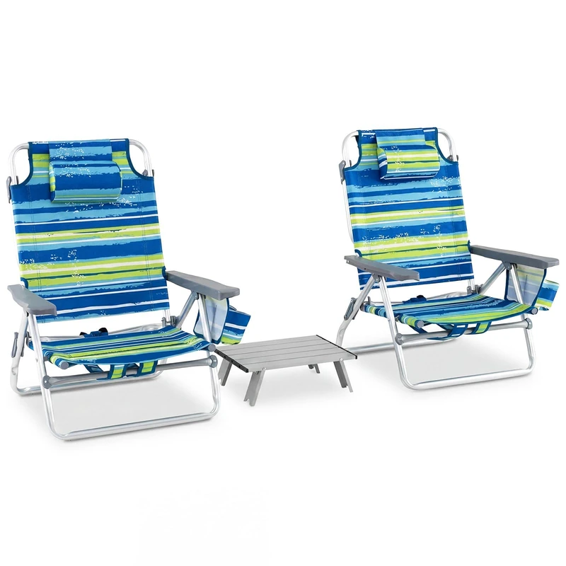FANTASK Folding Beach Chair, Set of 2 with Table, Camping Chairs with 5-Way Adjustable Backrest, Folding Chair with Headrest, 2 Drink Holders, Storage Bag and Shoulder Straps (Blue + Green)