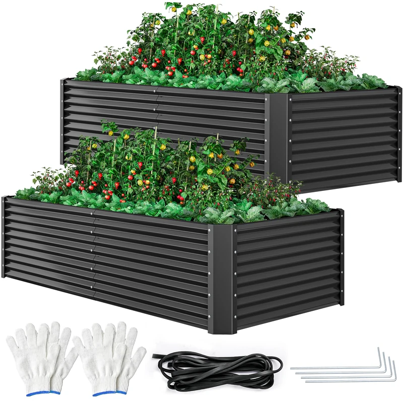 DWVO 2X Raised Garden Bed Kit 240 * 120 * 54cm, Raised Beds Thickened Zinc-Aluminum-Magnesium Metal Raised Beds for Garden with Support Rod & Gloves for Vegetables Flowers Fruits (Black)