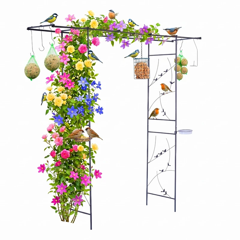Relaxdays Rose Arch Bird Haven, trellis, bird bath, feeders, HxWxD: 208 x 210 x 50 cm, metal, black