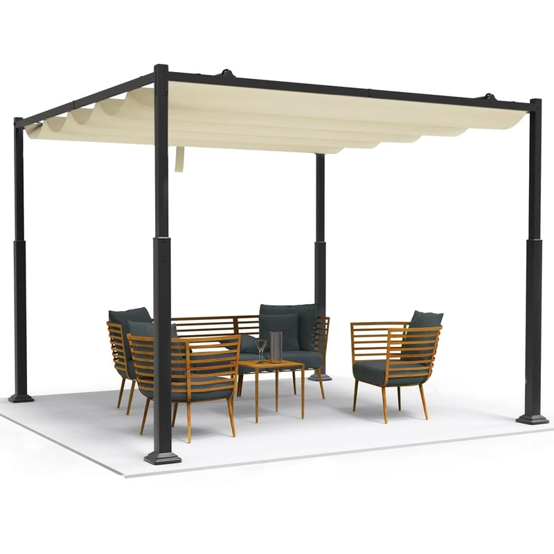 VOUNOT® 3x3m Garden Pergola with Retractable Roof, Outdoor Gazebo Sun Shade Canopy, Dark Beige