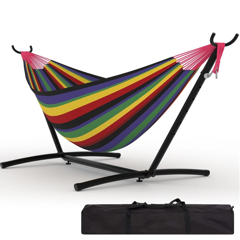 Garvee Portable 2 Person Hammock Heavy Duty 450 lbs with Folding Stand - Ideal for Garden, Beach and Outdoor Camping - Rainbow Black Stripes