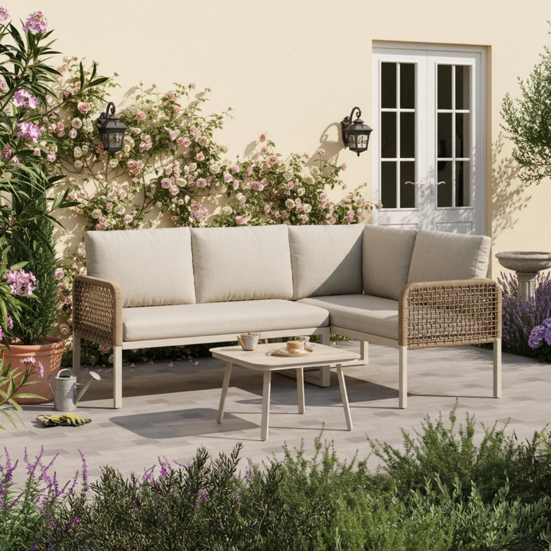 Ball & Cast 4 Seater Garden Furniture Set, Convertible Polyester Rope Conversation Set with Sofa and Armchairs, Wood-Look Tempered Glass Table, Weatherproof Outdoor Patio Corner Sofa, Beige