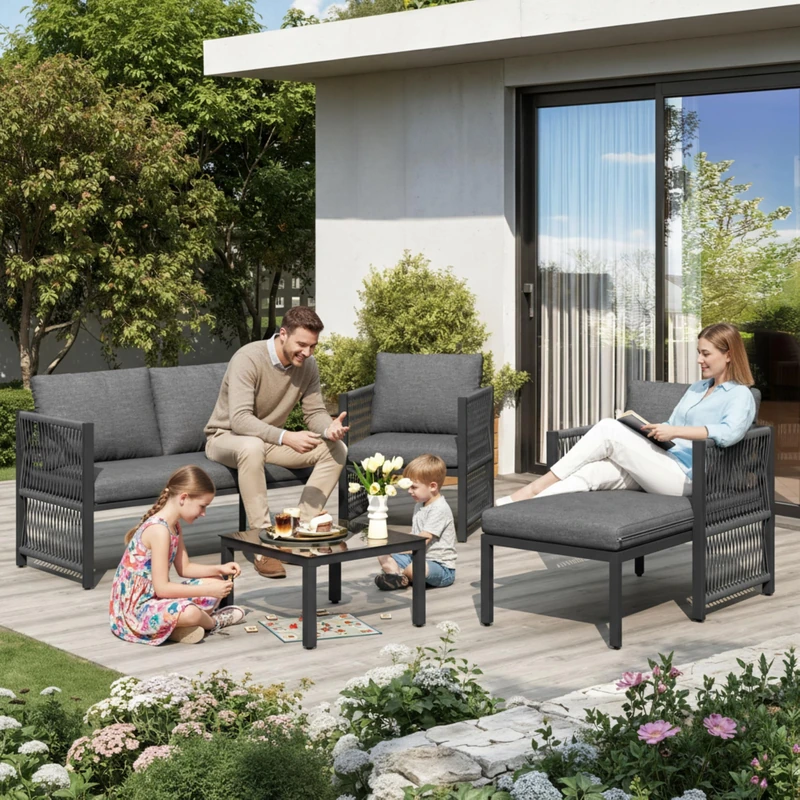 Ball & Cast Garden Set with Tempered Glass Coffee Table, Convertible 4-5 Seater Polyester Rope Patio Set with Lounge Sofa and Armchairs, Weatherproof Outdoor Patio Corner Sofas for Balcony, Grey
