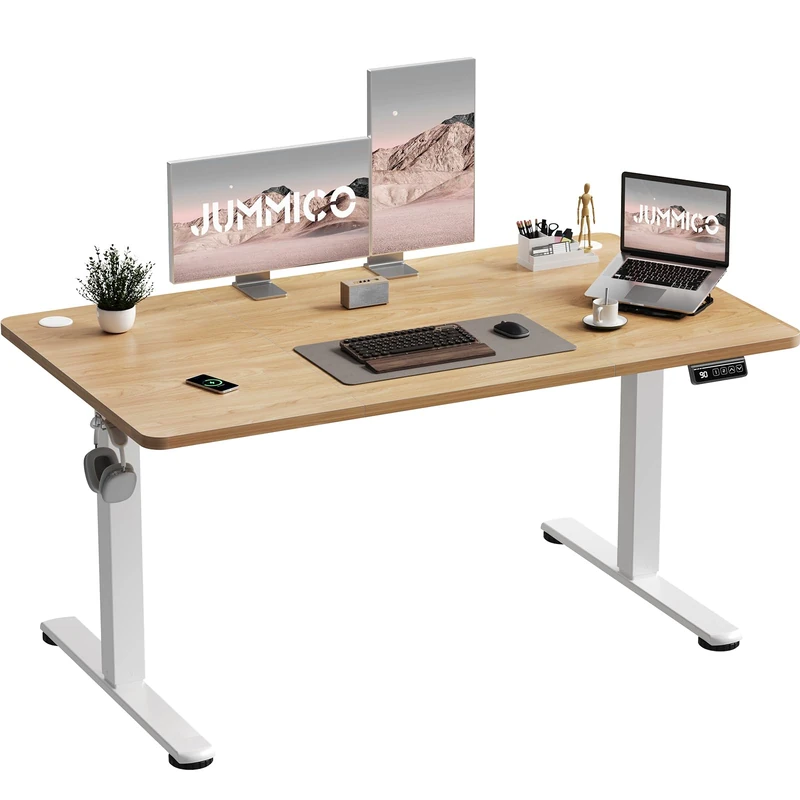 JUMMICO Height-Adjustable Desk, 130 x 60 cm, Standing Desk, Electric Desk, Height-Adjustable with Memory Function, Beige - Image 1