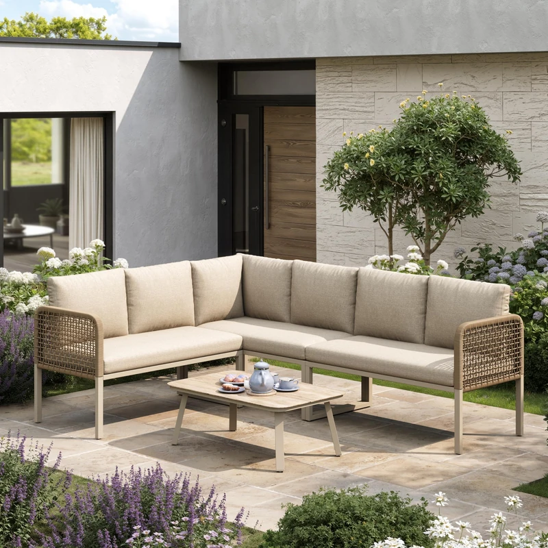 Ball & Cast 5-6 Seater Garden Furniture Set with Wood-look Tempered Glass Coffee Table, L-Shaped Corner Sofa, Weatherproof Outdoor Patio Dining Lounge Set for Balcony and Terrace, Linen, Beige