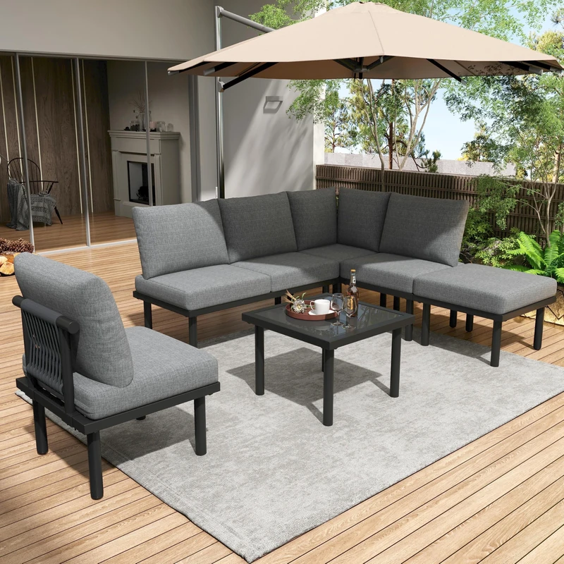 Ball & Cast Garden Furniture Sets 6 Seaters, 4 Pieces Metal Patio Sofa Set, Outdoor Conservatory Modular Furniture Grey for Backyard, E-coating Wrought Frame & Thickened Cushions