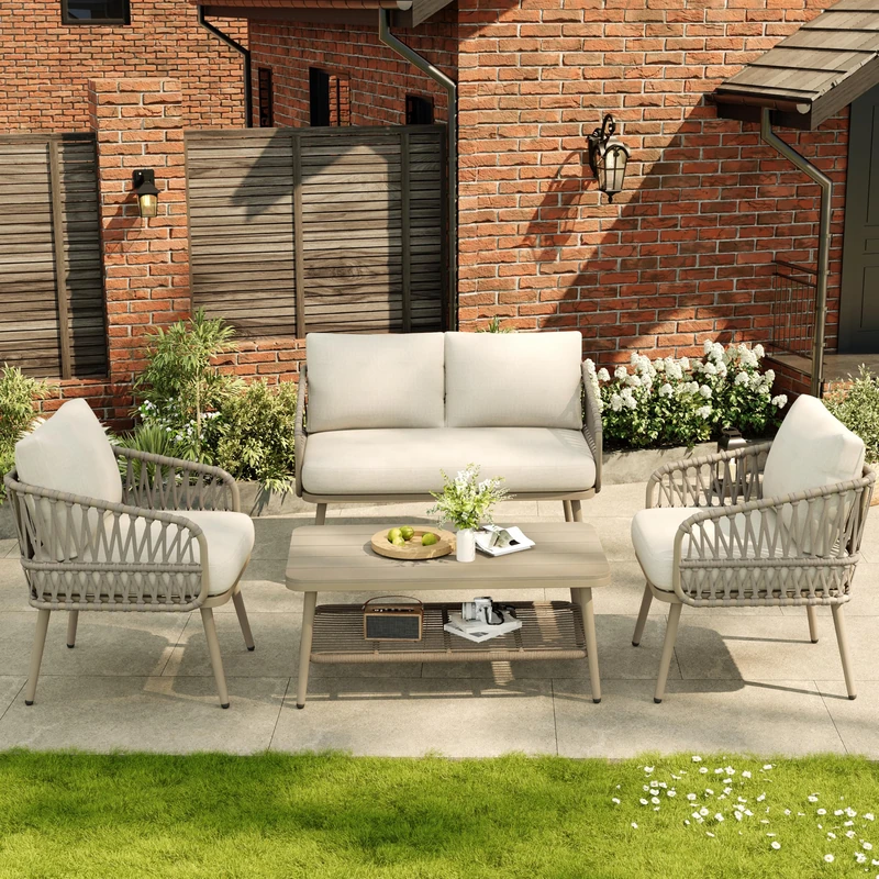 Ball & Cast 4 Seater Garden Set with Plastic Wood Storage Coffee Table, Polyester Rope Outdoor Set with Sofa and Armchairs, Weatherproof Outdoor Patio Sofa for Balcony and Terrace, Linen, Beige