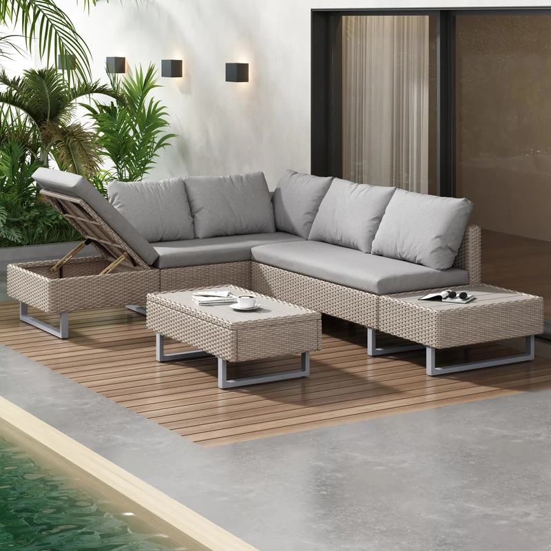 Ball & Cast 5-6 Seater Garden Sofa Set with Coffee Table, Corner Outdoor Sofa with 10cm Thick Cushions, Weatherproof Outdoor Patio Dining Lounge Set for Poolside, Balcony and Terrace, Beige
