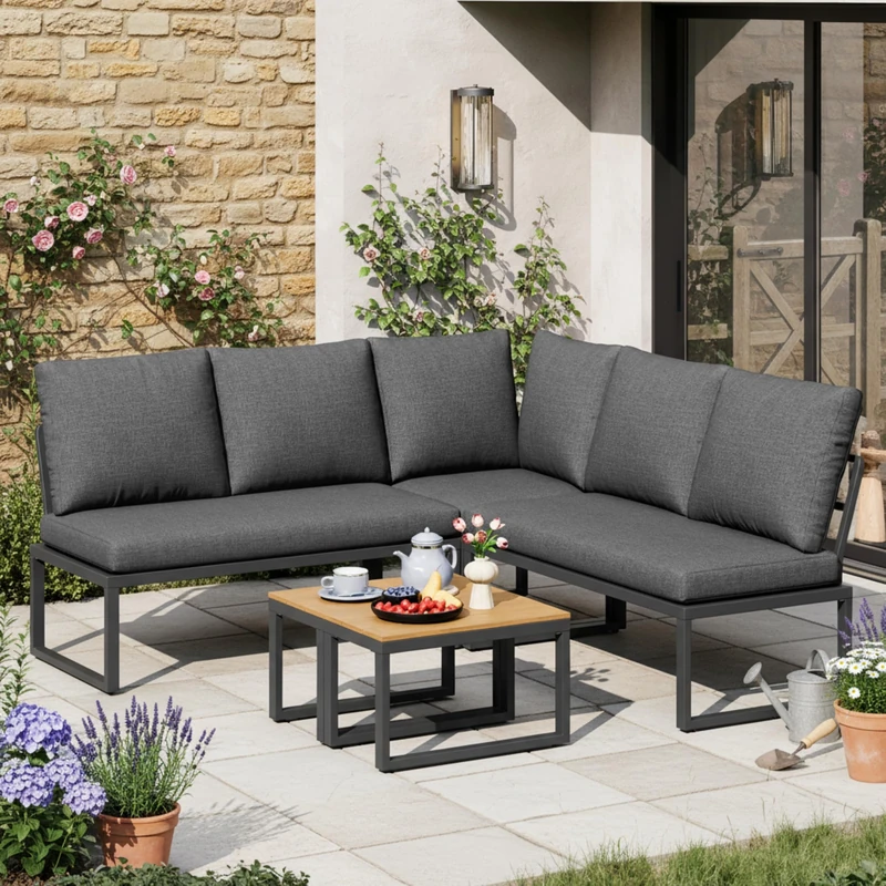 Ball & Cast 4-5 Seater Garden Outdoor Set with Flexibly Convertible Plastic Wood Tables, Adjustable Corner Sofa and Lounge Chair, Weather-Resistant Patio Furniture for Garden, Balcony and Terrace,Grey