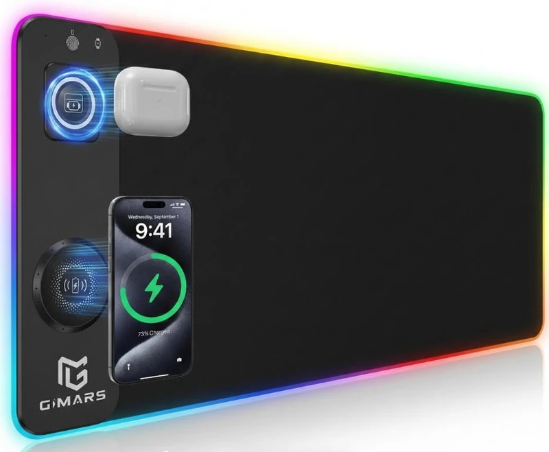 Gimars Upgrade 3 in 1 RGB Mouse Pad with 15W Magnetic Fast Wireless Charging, 800x300x4mm Desk Mat, 15 Color Modes, Waterproof Non-Slip XXL Gaming Mousepad with Smooth Surface for Home Office PC - Image 1