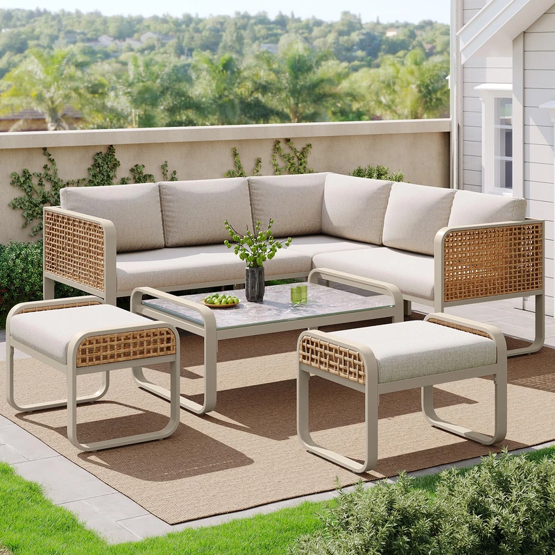 Ball & Cast 7 Seater Gardem Corner Sofa, Rattan Furniture Set with Coffee Table, All Seat & Back Cushion, Galvanized Iron Frame and Adjustable Legs, Beige