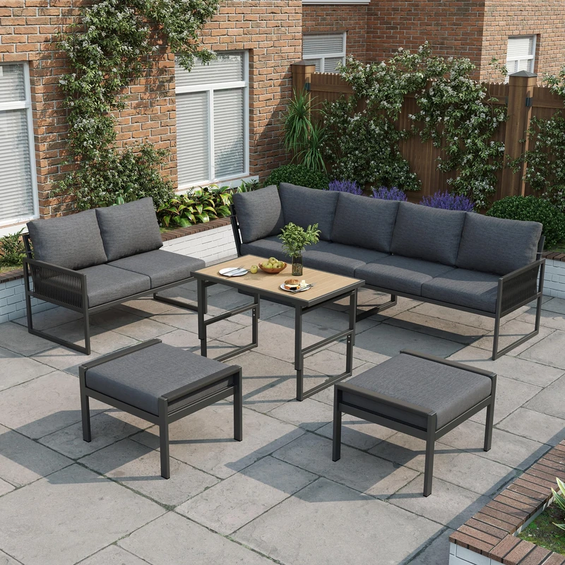 Ball & Cast 7-8 Seater Garden Corner Sofa Set, Outdoor Patio Furniture with Adjustable Rising Coffee Table and Armchair, Weather-Resistant Garden Lounge Sofa for Patio & Balcony, Grey