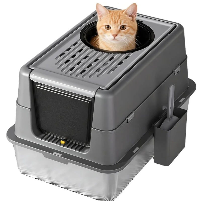 Garvee Cat Litter Tray Stainless Steel – Large, Closed Litter Box with Double Entry Folding Lid – Durable, Odorless and Easy to Clean – Ideal for Kittens and Adult Cats