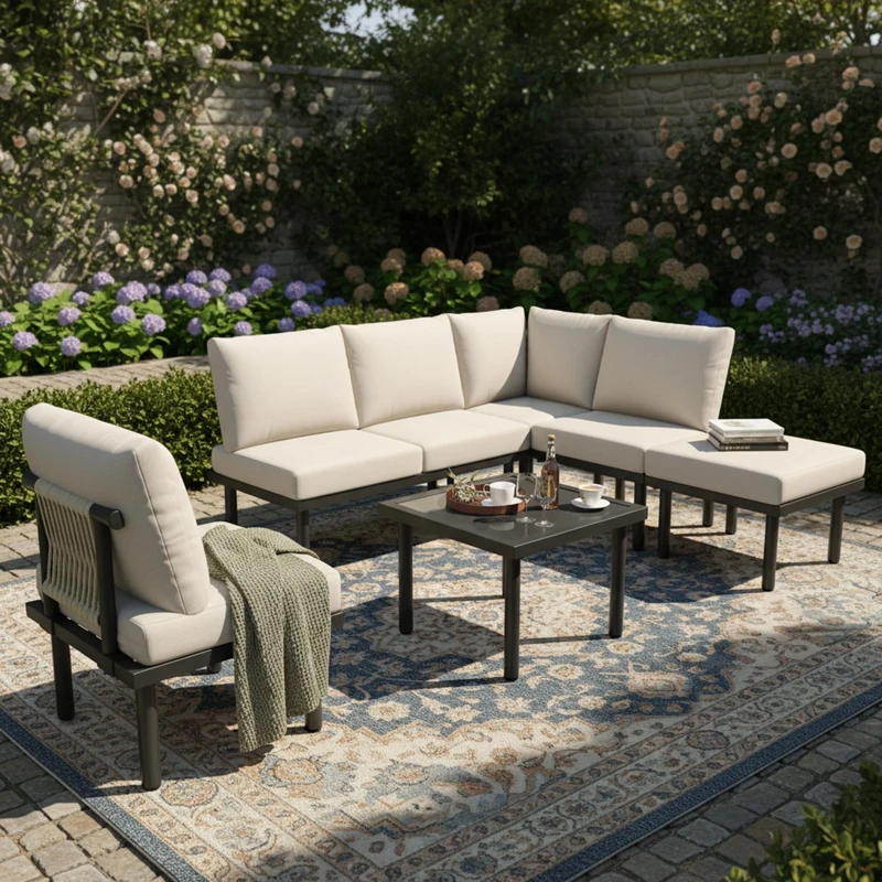 Ball & Cast Garden Furniture Sets 6 Seaters, 4 Pieces Metal Patio Sofa Set, Outdoor Conservatory Modular Furniture Beige for Backyard, E-coating Wrought Frame & Thickened Cushions