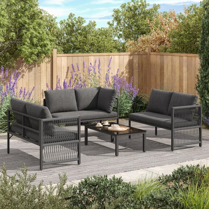 Ball & Cast 4 Seater Garden Set with Plastic Wood Coffee Table & Handrail, Polyester Rope Outdoor Set with Sofa and Armchairs, Weatherproof Outdoor Patio Sofa for Balcony and Terrace, Linen, Grey