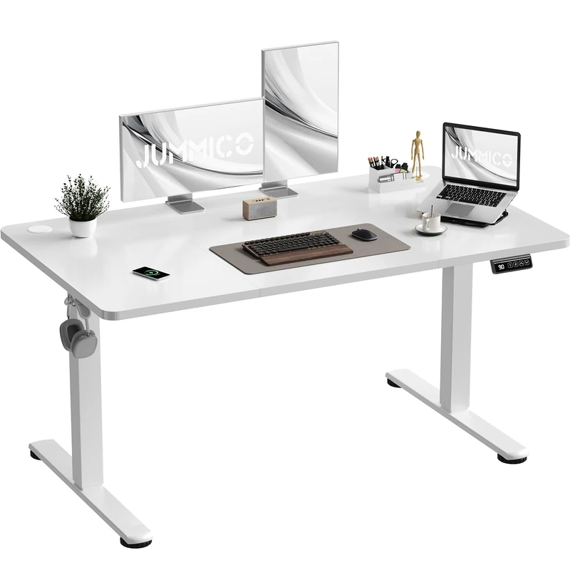 JUMMICO Height-Adjustable Desk, 130 x 60 cm, Standing Desk, Electric Desk, Height-Adjustable with Memory Function, White