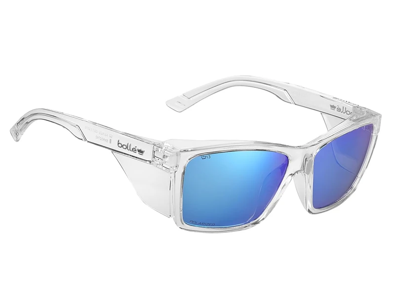 Bollé STKS 420 safety glasses with crystal frame and flash polarised lens, designed to support eye protection, durability and comfort for on‑site work and everyday professional use. - Image 1