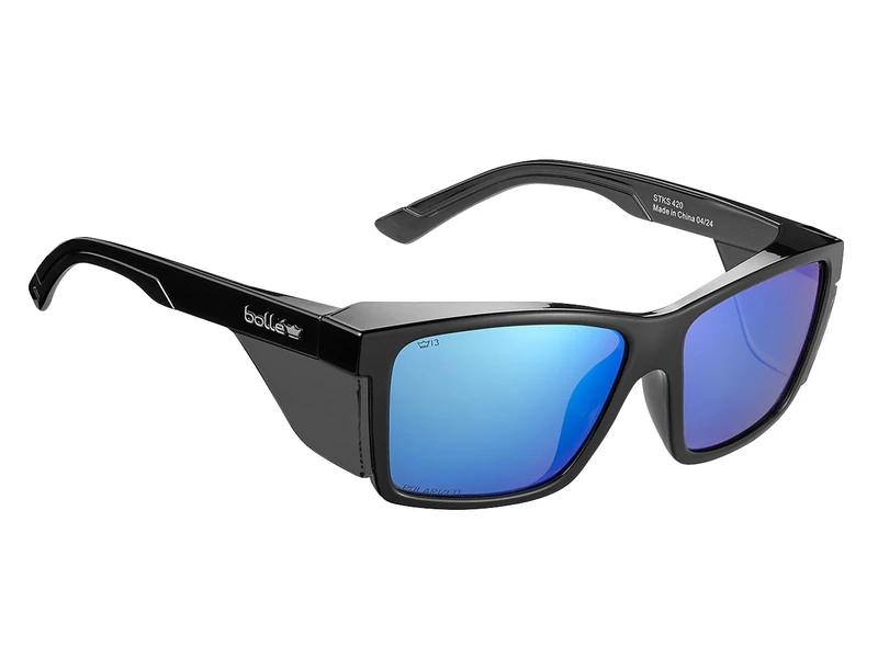 Bollé STKS 420 safety glasses with black gloss frame and flash polarized lens, designed to support eye protection, durability and comfort for on‑site work and everyday professional use. - Image 1