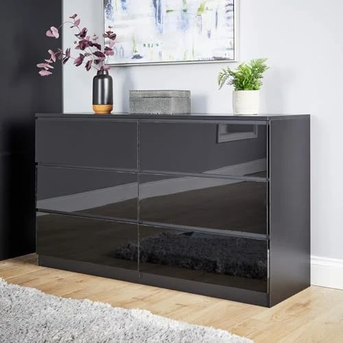 Home Source Lugano High Gloss Chest of 6 Drawers (3+3), Front Compact Bedroom Cabinet, Spacious Wide Dresser Storage, 6 Drawer, Black - 40Dx120W x72Hcm - Image 1