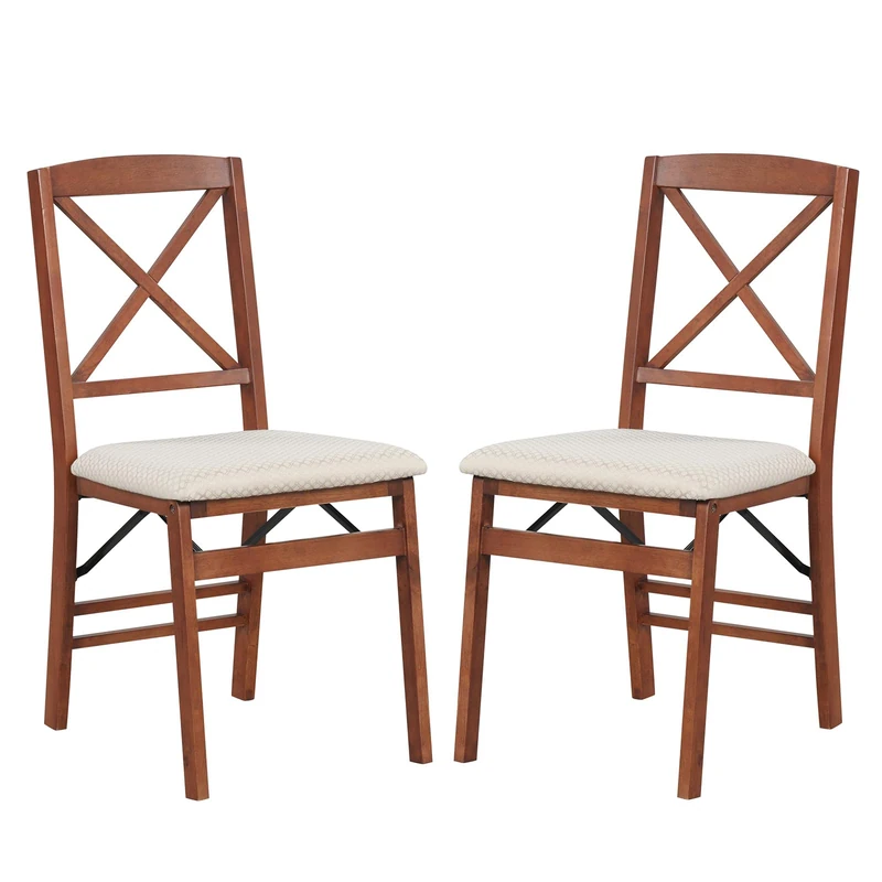 GiantexUK Folding Dining Chairs, Set of 2 Kitchen Chairs with Rubber Wood Frame, Upholstered Seat, Hollowed Backrest, Farmhouse Dinner Chair for Kitchen Dining Room (Walnut+Beige, Linen Fabric)