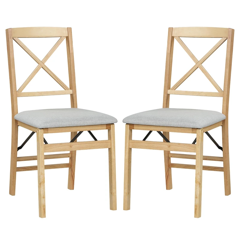 GiantexUK Folding Dining Chairs, Set of 2 Kitchen Chairs with Rubber Wood Frame, Upholstered Seat, Hollowed Backrest, Farmhouse Dinner Chair for Kitchen Dining Room (Natural+Grey, Linen Fabric)