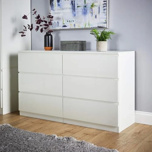 Home Source Lugano High Gloss Chest of 6 Drawers (3+3), Front Compact Bedroom Cabinet, Spacious Wide Dresser Storage, 6 Drawer, White - 40Dx120W x72Hcm