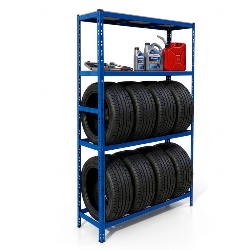 Relaxdays tyre rack for 8 tyres, HxWxD 180 x 110 x 40 cm, 600 kg, steel, plug-in assembly, workshop storage, blue
