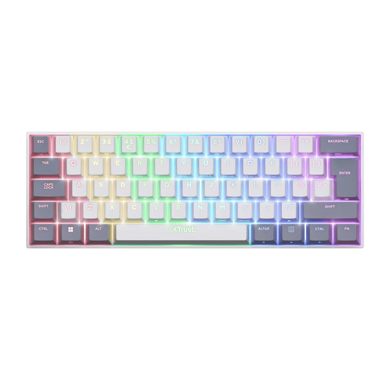 GXTrust 873 Acira Mechanical Keyboard 60% QWERTY UK Layout, Triple Mode Bluetooth/2.4GHz/USB, Multicolour RGB Lighting, 50h Playtime, Wireless Gaming Mini Keyboard for PC Mac Laptop, White/Grey