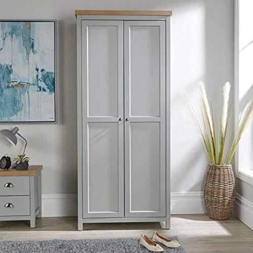 Home Source 2 Door Wardrobe, Wooden Hanging Rail Storage Shelves, Oak Effect, Grey - Image 1