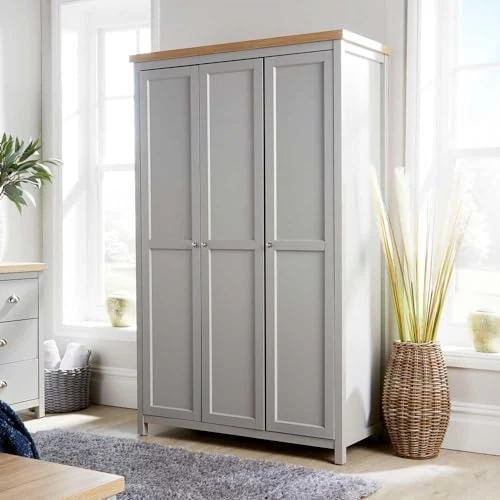 Home Source 3 Door Wardrobe, Wooden Hanging Rail Storage Shelves, Oak Effect, Grey