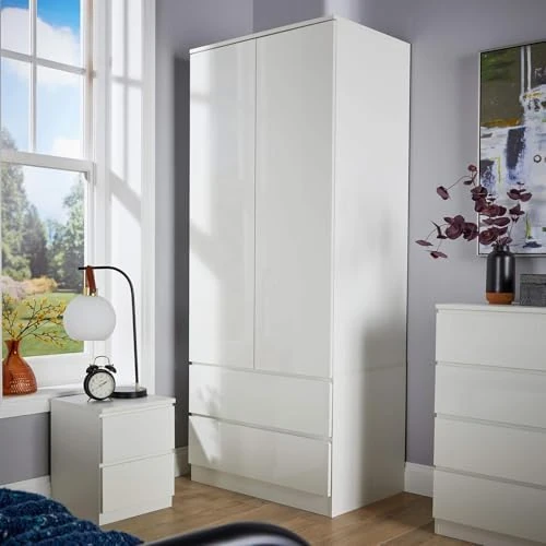 Home Source 2 Door Wardrobe, High Gloss Front Spacious Closet Organiser, Bedroom Dresser Storage Cabinet, 2 Drawer, White