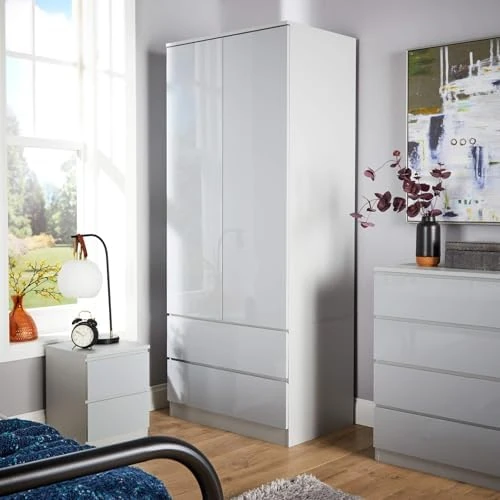Home Source 2 Door Wardrobe, High Gloss Front Spacious Closet Organiser, Bedroom Dresser Storage Cabinet, 2 Drawer, Grey - Image 1