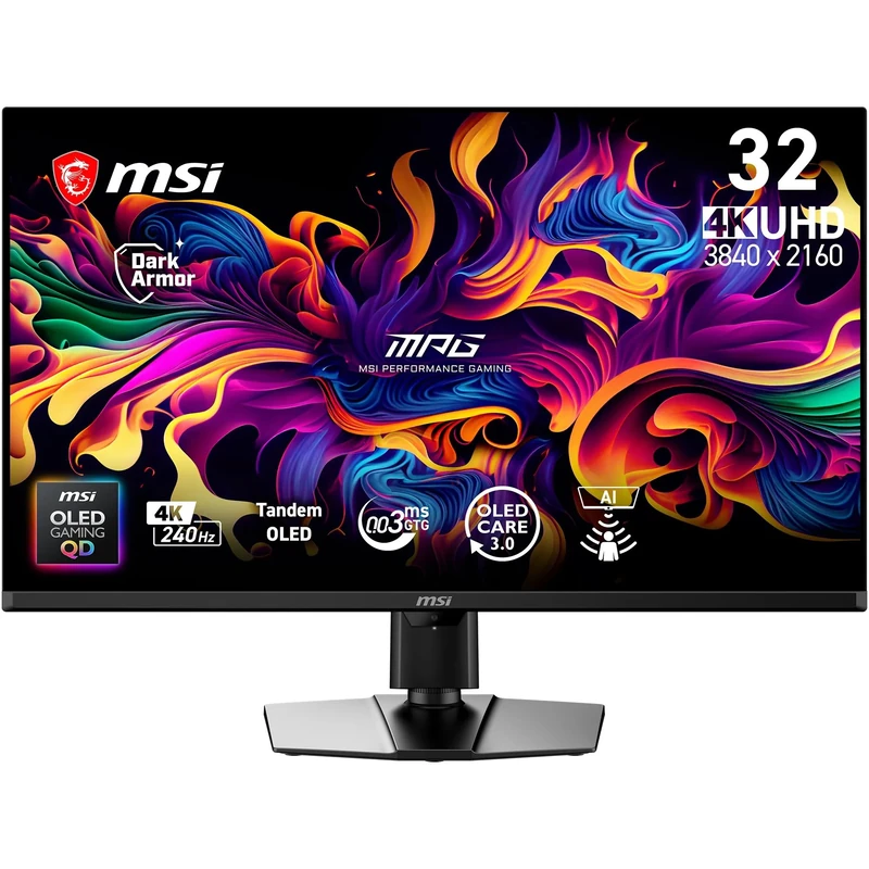 MSI MPG 322UR QD-OLED X24 32-Inch UHD Tandem QD-OLED monitor, 3840 x 2160, 240Hz, 0.03ms, DarkArmor Film, Uniform Luminance, AI Care Sensor, HDMI 2.1, DP 2.1a, USB C (98W PD), Flat stand
