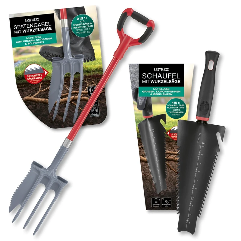EASYmaxx 4 in 1 Root Shovel & 2 in 1 Spade Fork with Root Saw in Set | Multifunctional Shovels for Digging, Sawing, Cutting, Loosening & Transplanting | Root Digger & Root Spade with Non-Slip Handle