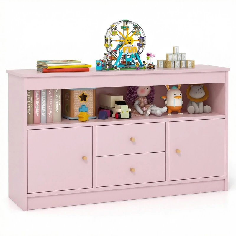 GYMAX Kids Storage Cabinet, Wooden Children Bookcase with Open Shelf, 2 Drawers & 2 Door Cabinets, Toy Storage Organizer for Playroom Bedroom Nursery (Pink)
