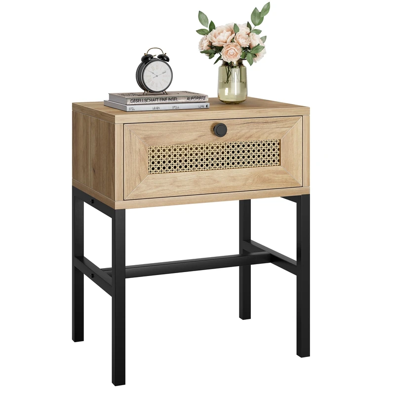 GarveeHome Rattan Bedside Table, Wooden Side Table with Drawer, Boho Sofa Table with Metal Frame, Small Side Table for Bedroom, Living Room, Natural Colour - Image 1