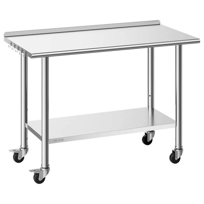VEVOR Stainless Steel Work Table (Stainless Steel Color, 61x122 cm, With rear panel)