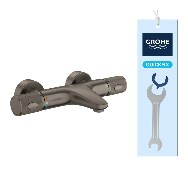 GROHE Precision Feel – Wall Mounted Exposed Thermostatic Cooltouch Bath Mixer (Diverter Bath/Shower, Knurl Grip, Safety Button at 38°C, EcoButton, Metal Escutcheon), Brushed Anthracite, 34788AL0