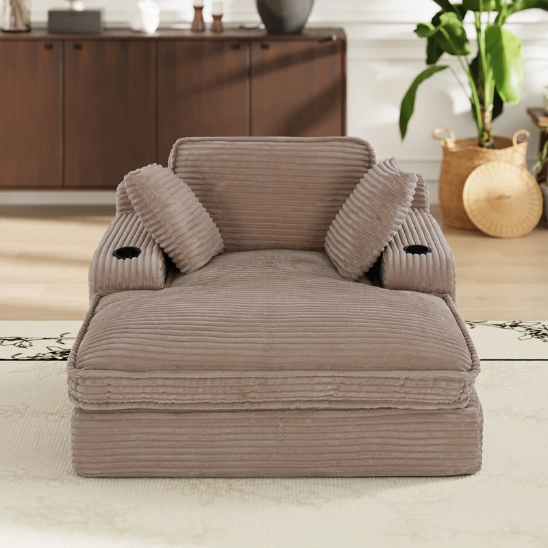 COLAMY Chaise Lounge Chair, Corduroy Single Sofa Bed with Pillow & Cup Holders, Double Layer Cushion Lounger Chair for Living Room, Bedroom or Guest Room, No Assembly Needed, Camel