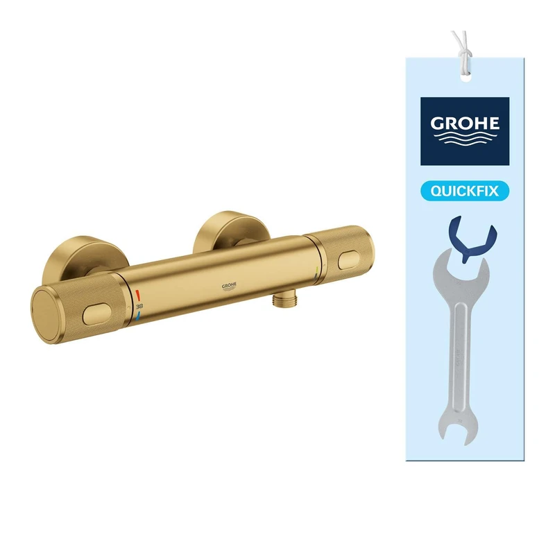 GROHE Precision Feel - Wall Mounted Exposed Thermostatic Cooltouch Shower Mixer (Knurl Grip, Safety Button at 38°C, EcoButton, Metal Escutcheon), Brushed Gold, 34790GN0