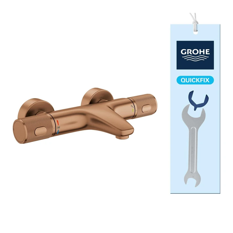 GROHE Precision Feel – Wall Mounted Exposed Thermostatic Cooltouch Bath Mixer (Diverter Bath/Shower, Knurl Grip, Safety Button at 38°C, EcoButton, Metal Escutcheon), Brushed Bronze, 34788DL0