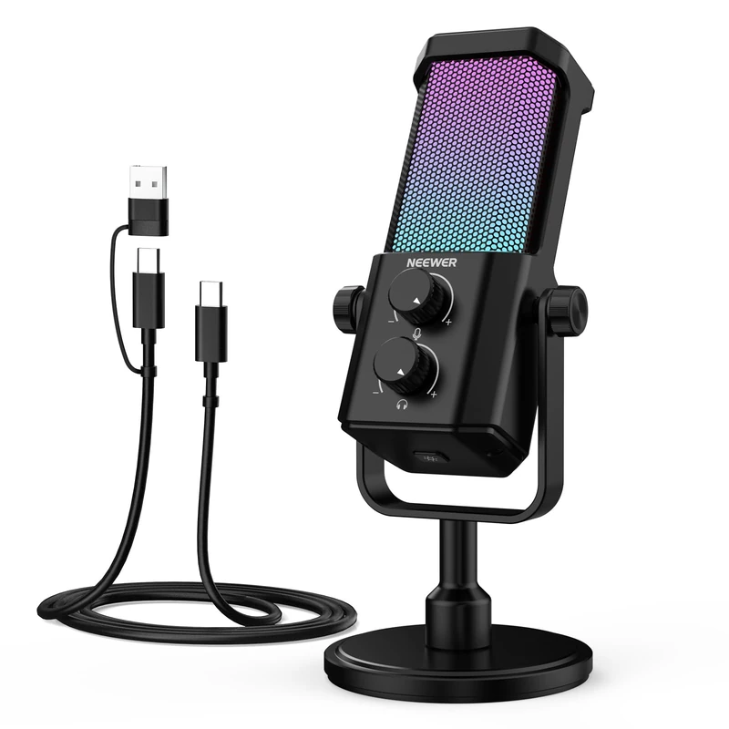 NEEWER AI USB Podcasting Microphone, Plug & Play Cardioid RGB Mic, AI Noise Canceling/Mute/Music Sync/App Control for Skype Zoom Meeting Gaming, Compatible with Android PC Windows Mac PS4/5, UM01 - Image 1