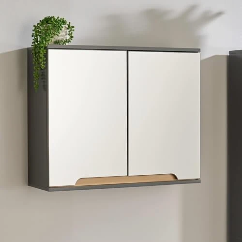 Home Source Florence Mirrored Wall Hanging Bathroom Cabinet – Grey, Soft-Close Door with Cut-away Handles, 2 Shelves, Vanity Storage Unit, 60x20x49.4cm