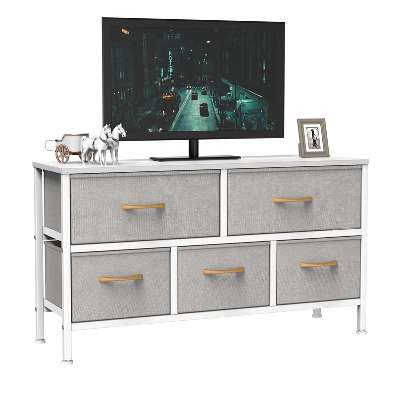 Feonase Bedroom Chest of Drawers, 5 Fabric Drawers Dresser with Metal Frame and MDF Top Board, Modern Storage Unit for Bedroom Living room, Entryway, Closet, Office, Light Grey