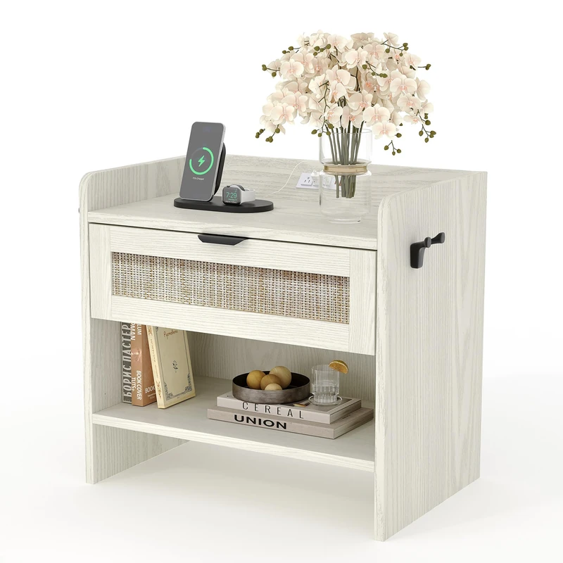GarveeHome Rattan Bedside Table with Type-C Charging Station - 1 Drawer and Open Storage Space Side Table Boho Style for Bedroom, Living Room and Office