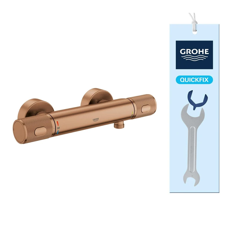 GROHE Precision Feel - Wall Mounted Exposed Thermostatic Cooltouch Shower Mixer (Knurl Grip, Safety Button at 38°C, EcoButton, Metal Escutcheon), Brushed Bronze, 34790DL0