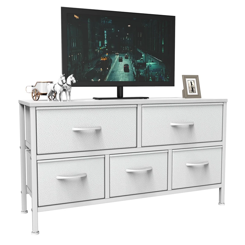 Feonase Bedroom Chest of Drawers, 5 Fabric Drawers Dresser with Metal Frame and MDF Top Board, Modern Storage Unit for Bedroom Living room, Entryway, Closet, Office, White - Image 1