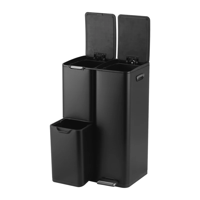Relaxdays Trash Bin, 3 Compartments, 60 L, Removable Inner Bin, Softclose, Foot Pedal, Stainless Steel, Kitchen Waste Separator, Black - Image 1